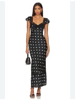 Free People Black and White Polka Dot Lace-Trim Maxi Dress